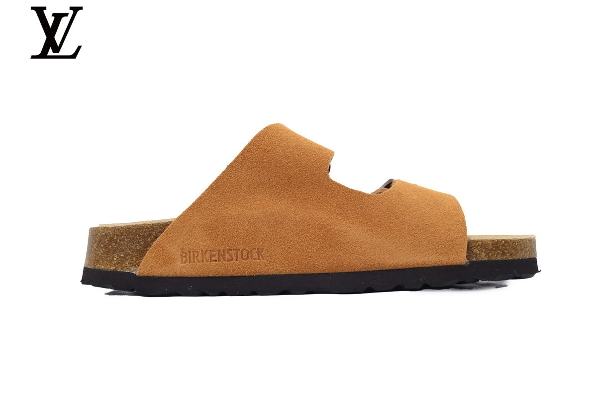louis vuitton shoes for man  women Birkenstock Slide Sandal in Tan Suede with Double Buckle and Cork Footbed