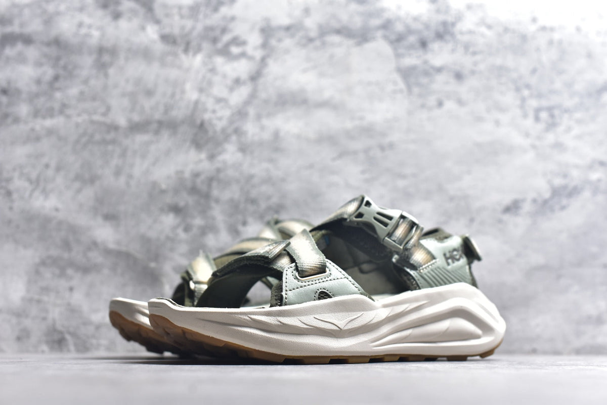 HOKA Recovery Women's Men's Shoes | Sage Green & Cream Buckle Strap Sandals