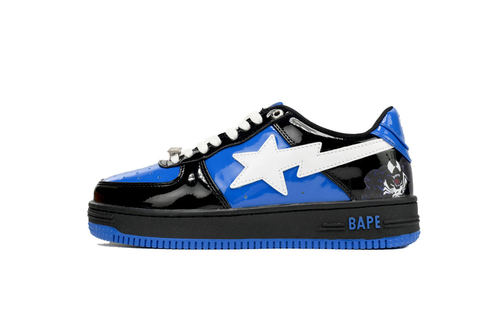 A BATHING APE BAPE STA Glossy Black & Royal Blue Graphic Sneakers | Women's & Men's Skate-Inspired Shoes
