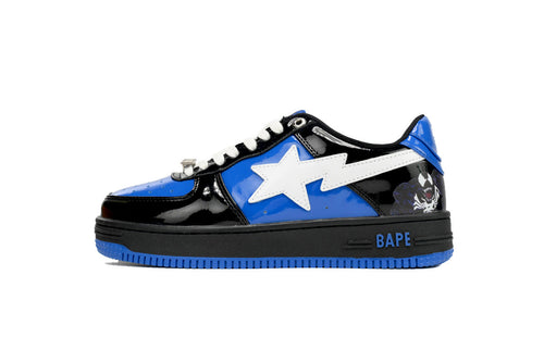 A BATHING APE BAPE STA Glossy Black & Royal Blue Graphic Sneakers | Women's & Men's Skate-Inspired Shoes