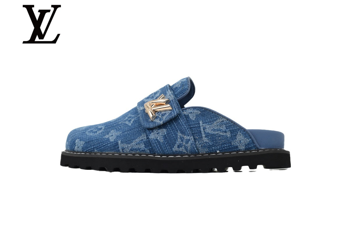 louis vuitton shoes for man  women Blue Monogram-Pattern Denim Mules | Sizes 35–46