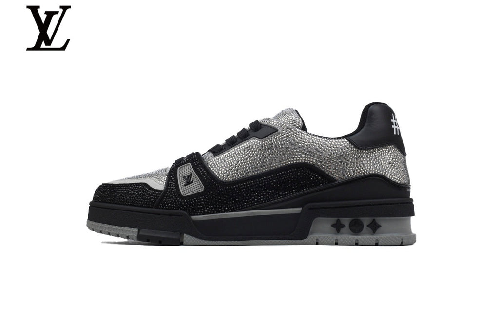 Louis Vuitton Trainer shoes for man  women Sneaker – Black & Silver Crystal