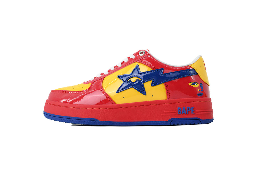 A BATHING APE BAPE STA Glossy Red, Yellow & Blue Eye-Graphic Sneakers | Women's & Men's Skate-Inspired Shoes