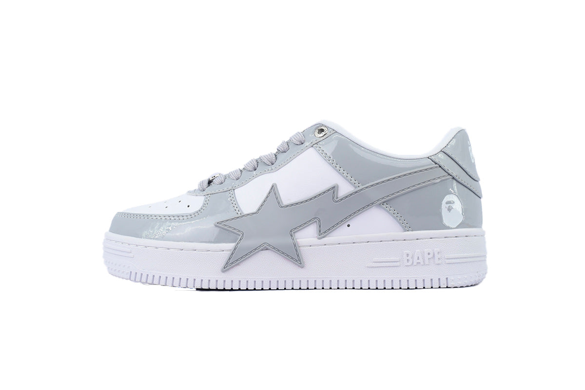 A BATHING APE BAPE STA Glossy Light Grey & White Oversized-Star Sneakers | Women's & Men's Skate-Inspired Shoes