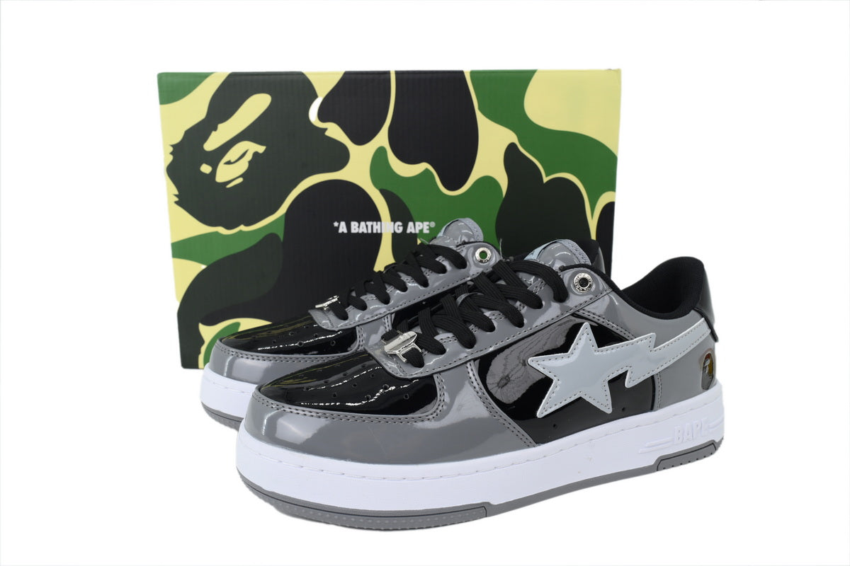 A BATHING APE BAPE STA Glossy Grey & Black White-Star Sneakers | Women's & Men's Skate-Inspired Shoes