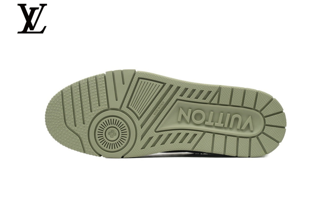 Louis Vuitton Low Top Trainer – Sage Green Grained Leather & Silver Logo