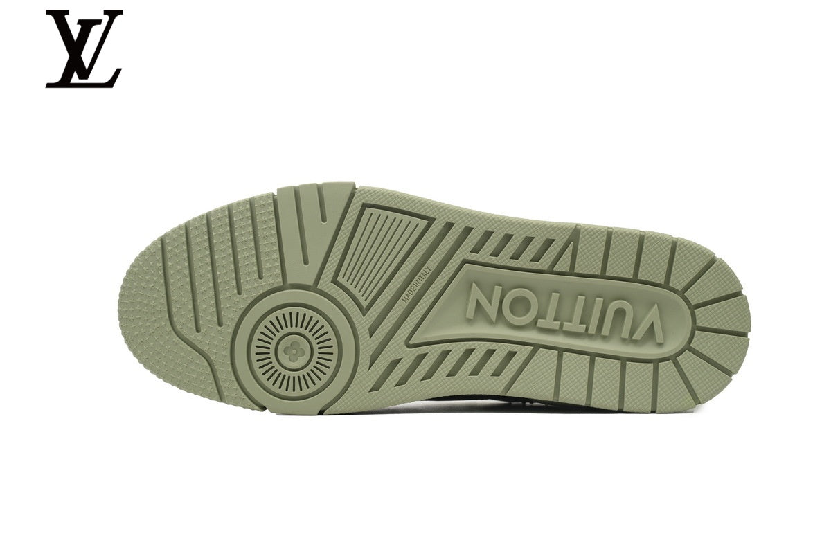 Louis Vuitton Low Top Trainer – Sage Green Grained Leather & Silver Logo