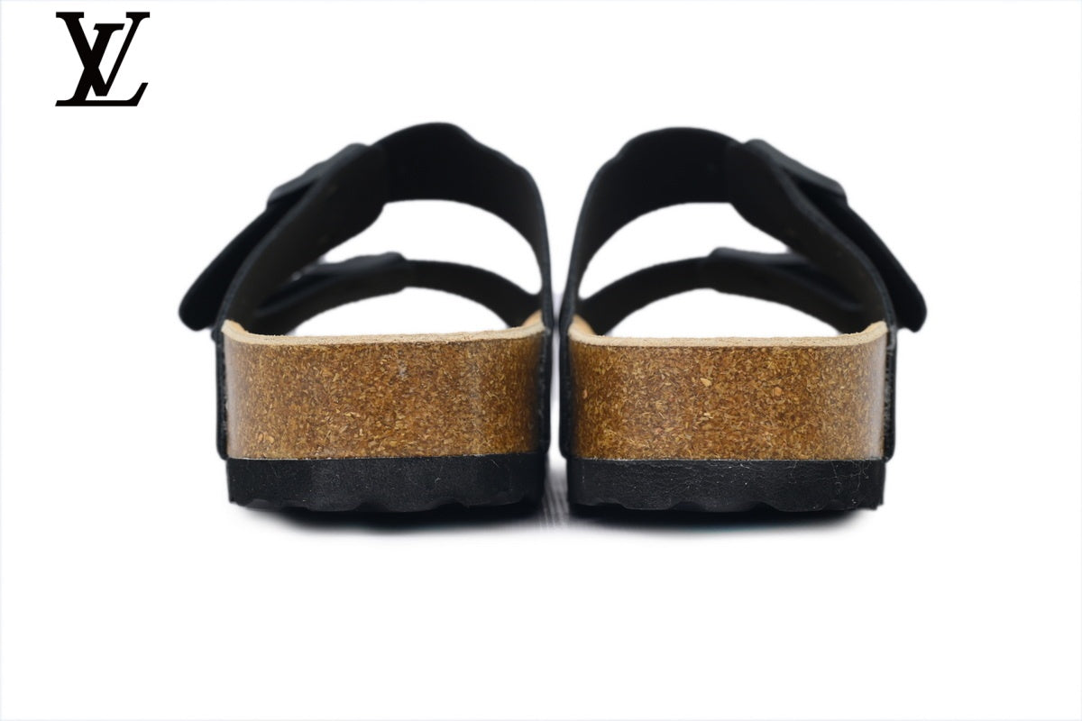 louis vuitton shoes for man  women Birkenstock Slide Sandal in Black with Double Buckle and Cork Footbed