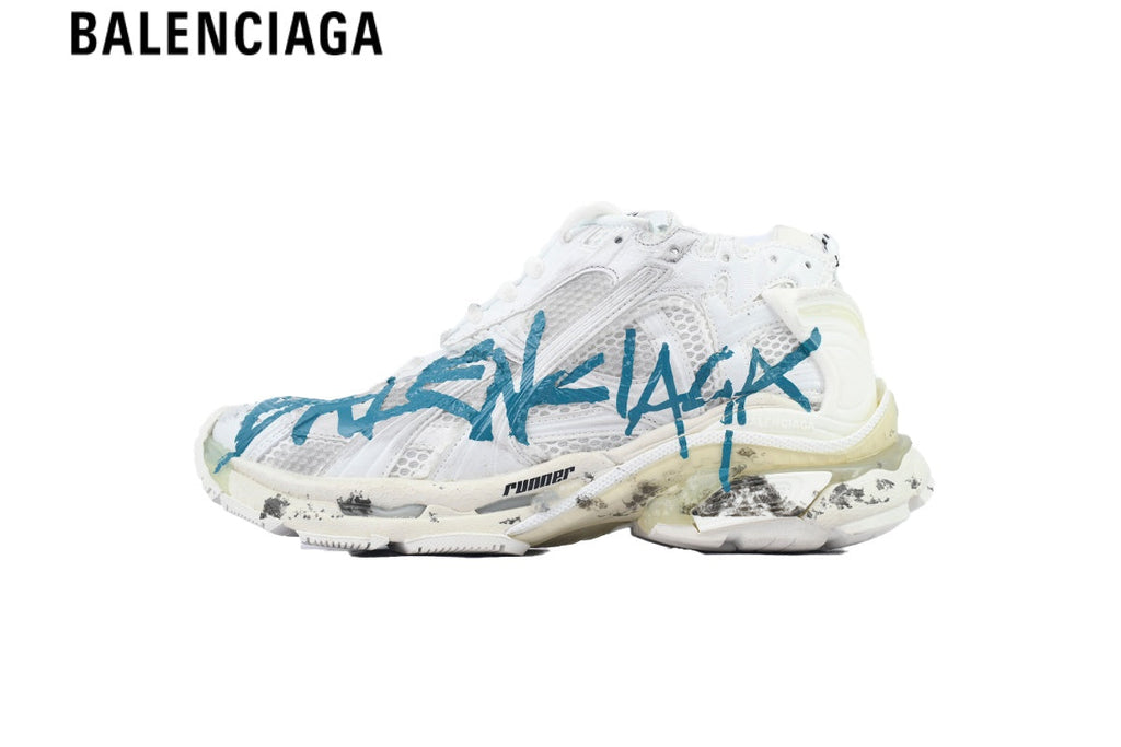 Balenciaga Runner men's shoes  women sneakers — White Mesh & Blue Graffiti Print