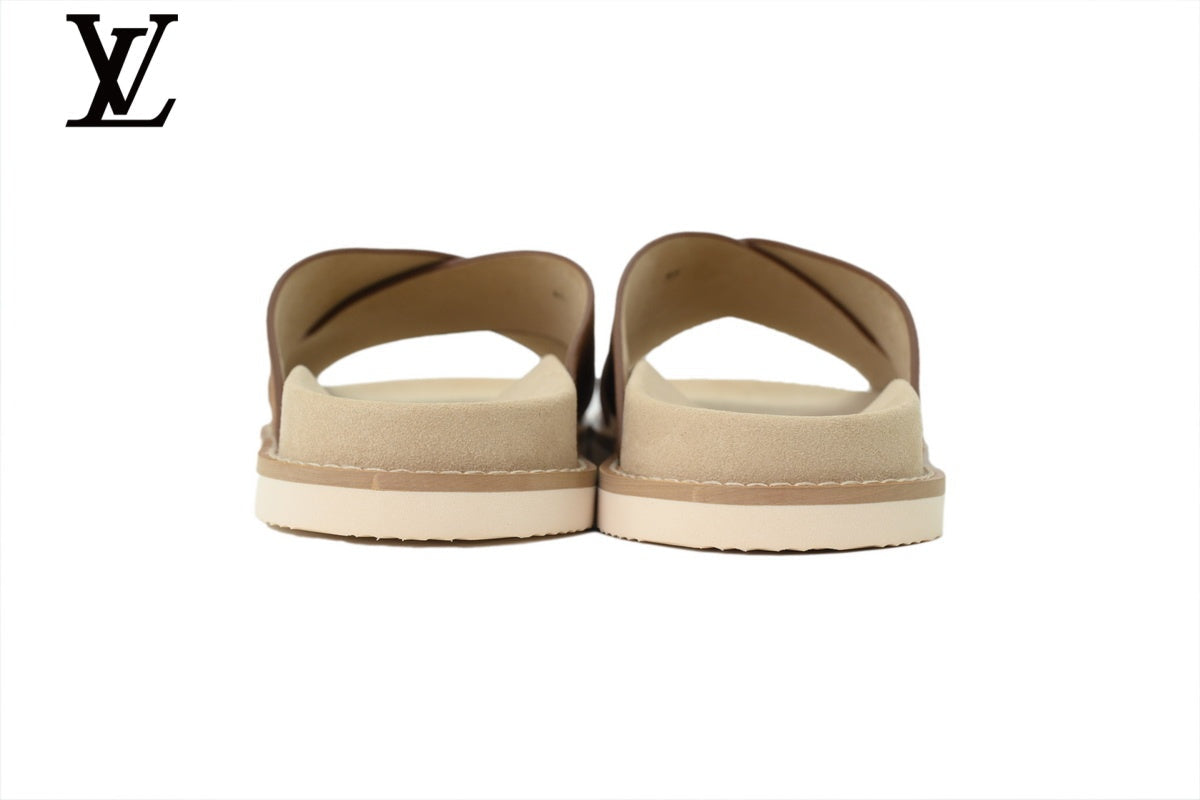 Louis Vuitton Cross Strap Slide Sandal – Brown Suede Leather & Beige Footbed
