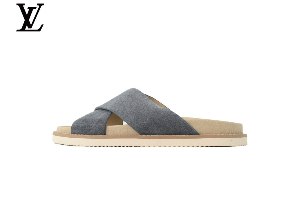 Louis Vuitton Cross Strap Slide Sandal – Grey Suede Leather & Beige Footbed