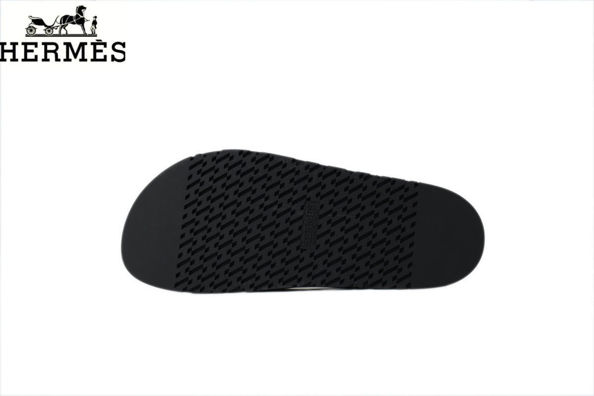 Hermès Black and Khaki Suede Cross-Strap Slide Sandal