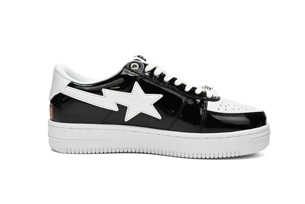 A BATHING APE BAPE STA Glossy Black & White Shark Graphic Sneakers | Women's & Men's Skate-Inspired Shoes
