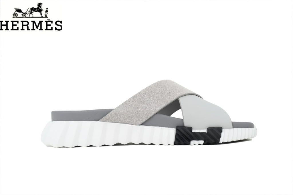 Hermès Light Grey Leather and Suede Cross-Strap Slide Sandal