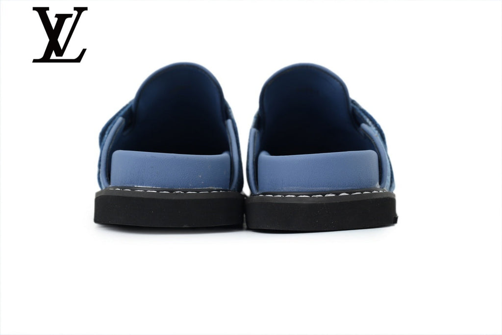 louis vuitton shoes for man  women Blue Monogram-Pattern Denim Mules | Sizes 35–46