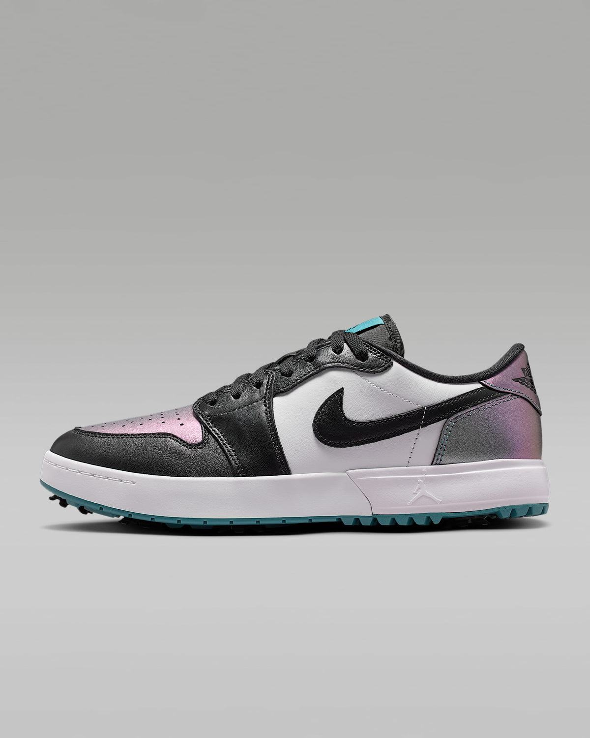 nike mens low top shoes Air Jordan 1 Low G Golf White Black and Iridescent Teal Sneakers