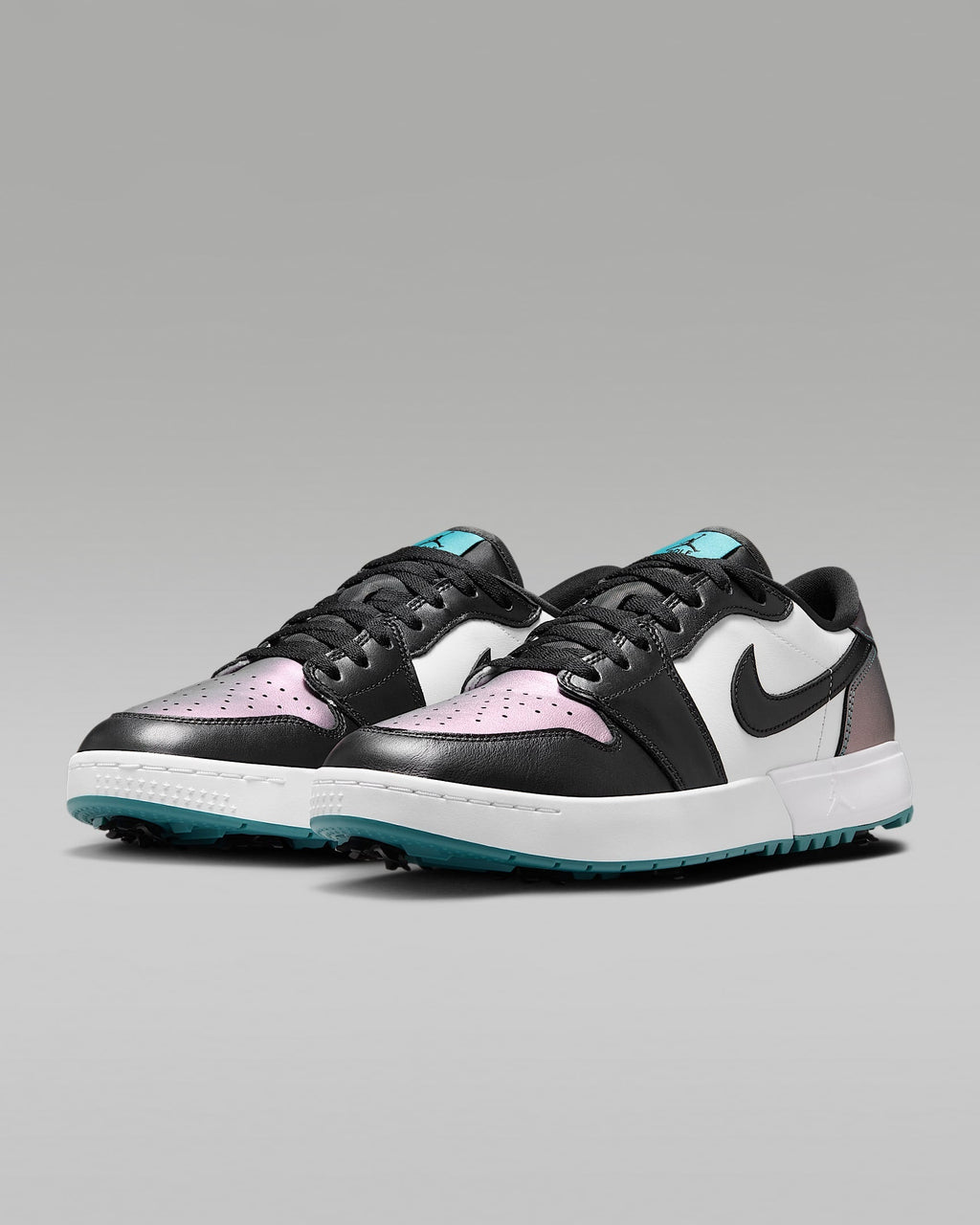nike mens low top shoes Air Jordan 1 Low G Golf White Black and Iridescent Teal Sneakers