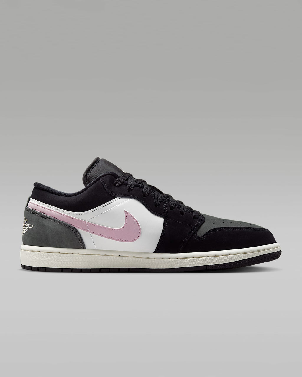 nike mens low top shoes Air Jordan 1 Low Black White Medium Olive and Pink Foam Sneakers