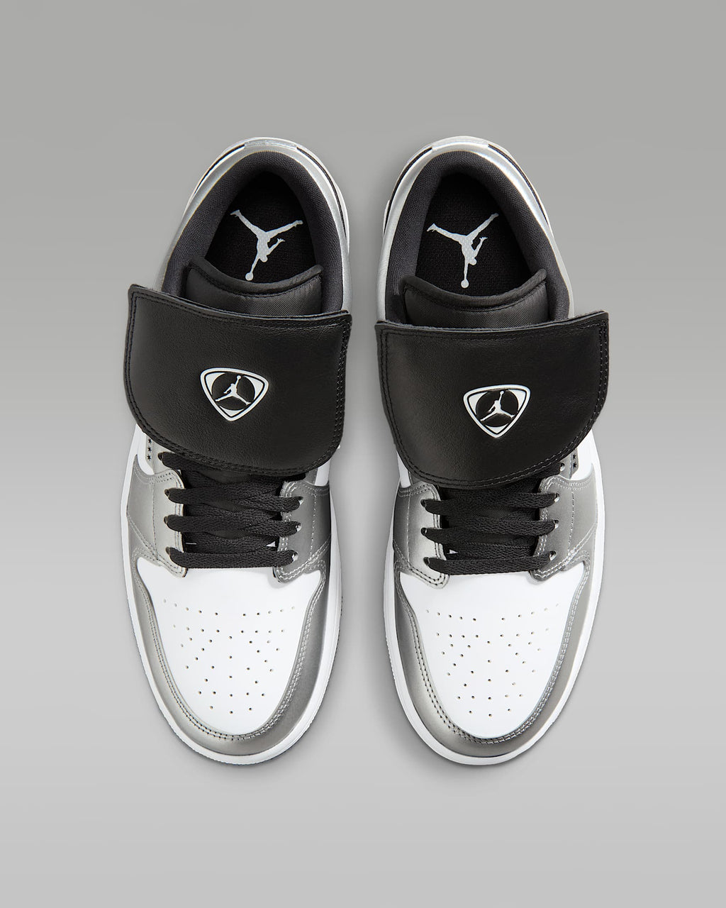 nike mens low top shoes Air Jordan 1 Low FlyEase White Metallic Silver Black Leather Sneakers