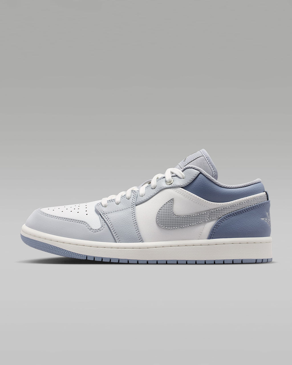 nike mens low top shoes Air Jordan 1 Low White Slate Blue Grid Swoosh Mixed-Material Sneakers