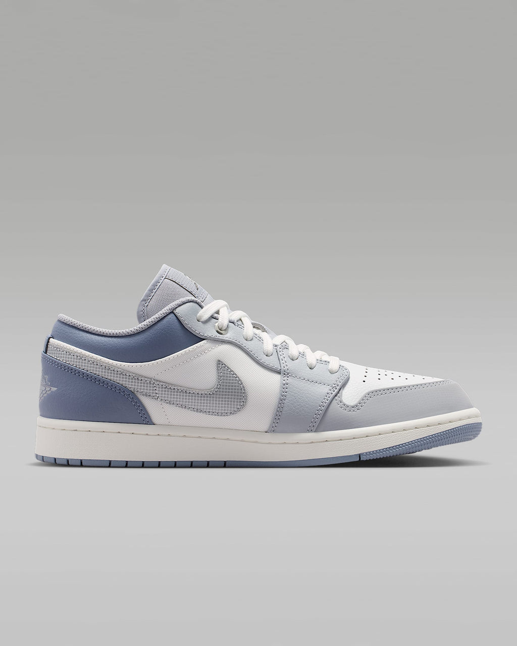 nike mens low top shoes Air Jordan 1 Low White Slate Blue Grid Swoosh Mixed-Material Sneakers