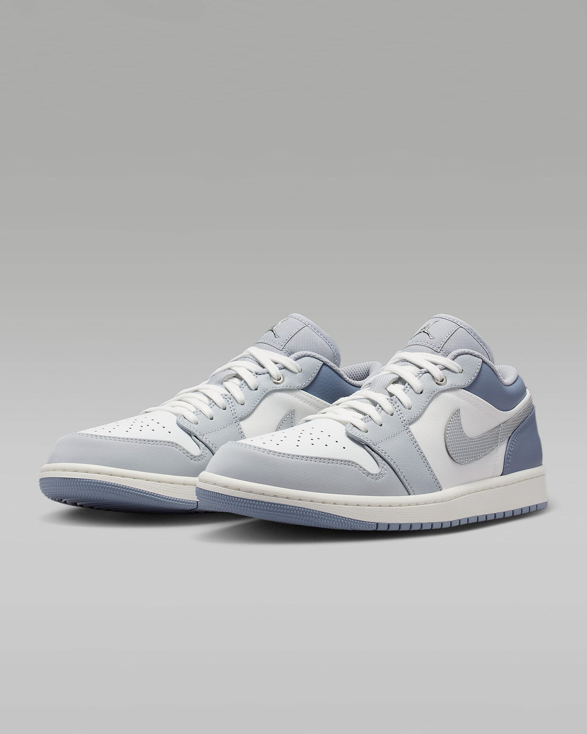 nike mens low top shoes Air Jordan 1 Low White Slate Blue Grid Swoosh Mixed-Material Sneakers