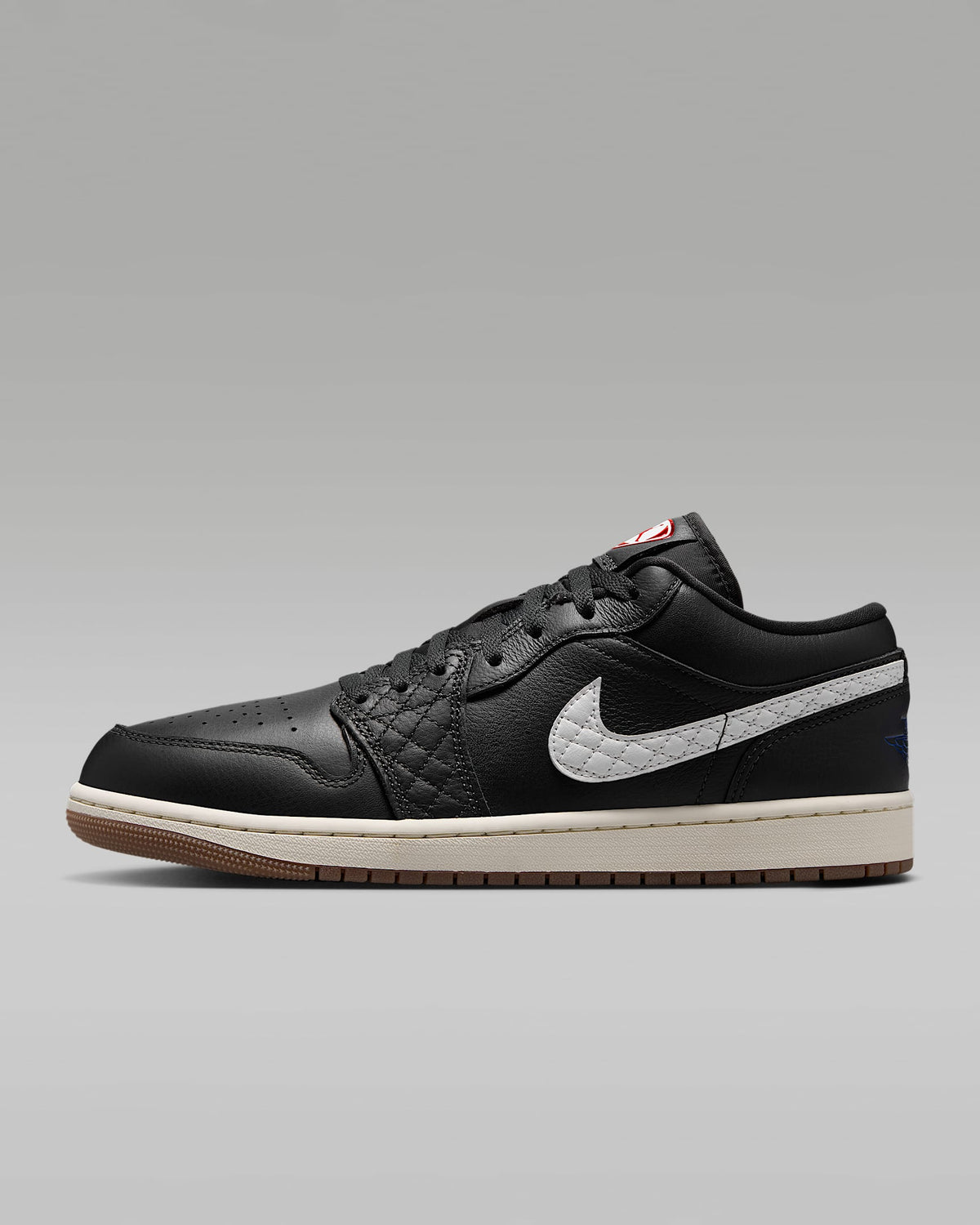 nike mens low top shoes Air Jordan 1 Low Black White Quilted Swoosh Gum Outsole Leather Sneakers