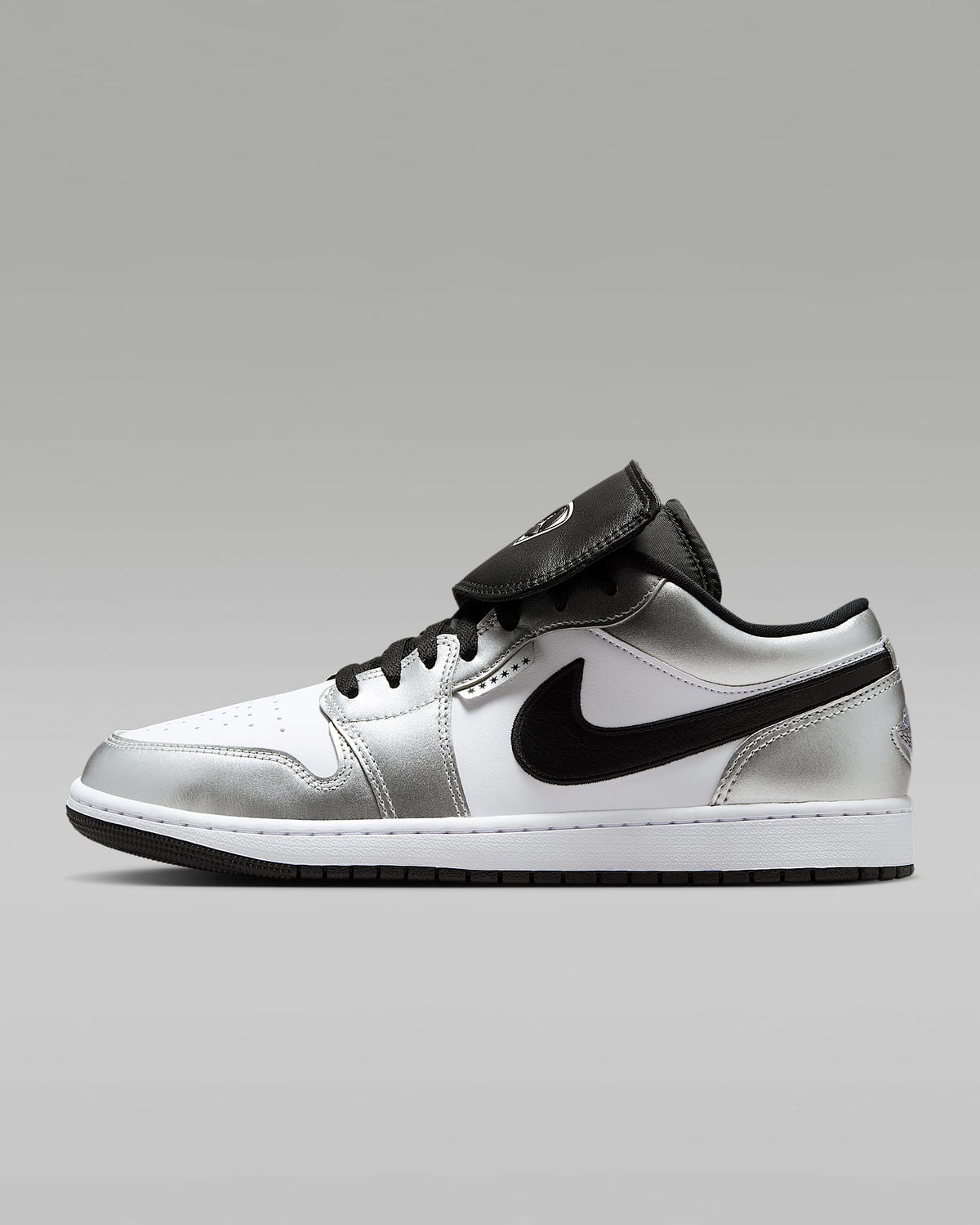 nike mens low top shoes Air Jordan 1 Low FlyEase White Metallic Silver Black Leather Sneakers