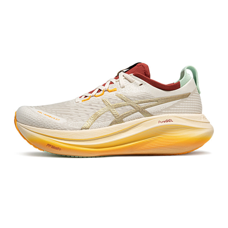 Asics womens shoes  neutral running shoes mens  sneakers Gel-Nimbus Off-White / Gold / Red / Orange