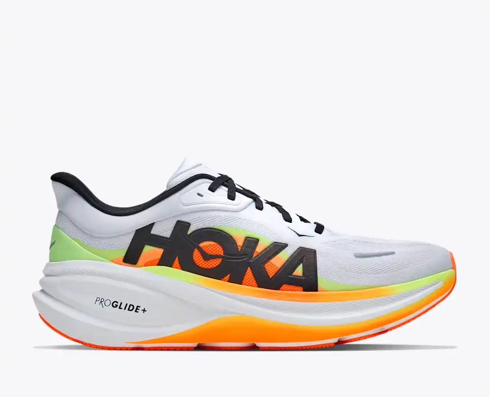 HOKA Pro Glide+ Women's Men's Shoes | White, Orange & Lime Green Running Sneakers