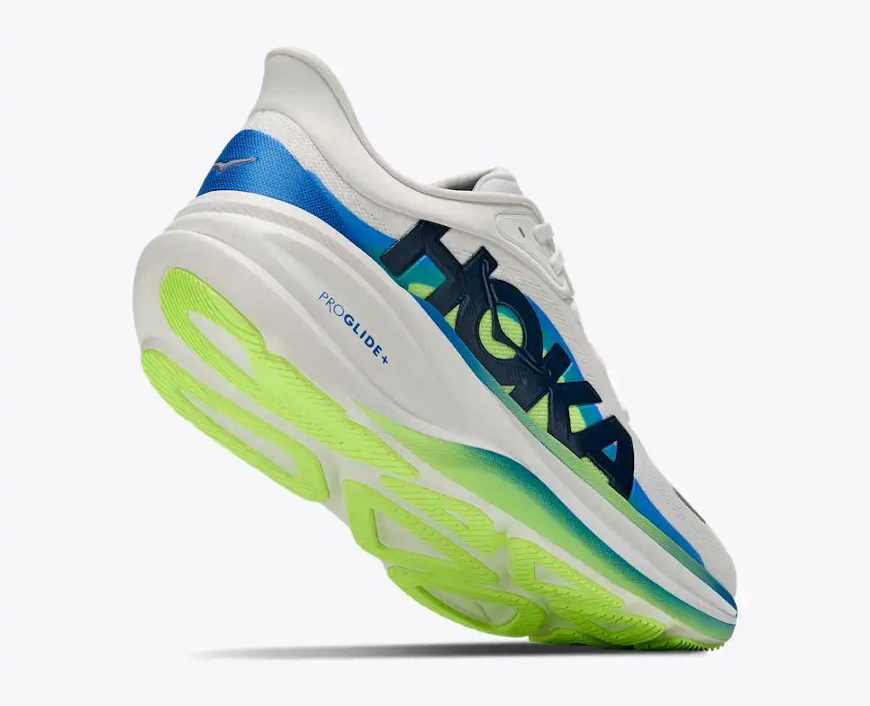 HOKA Pro Glide+ Women's Men's Shoes | White, Blue & Lime Green Running Sneakers