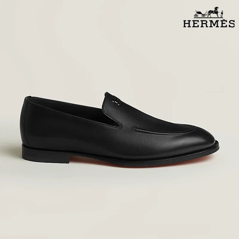 Hermès Black Smooth Leather Loafer with Embossed Logo