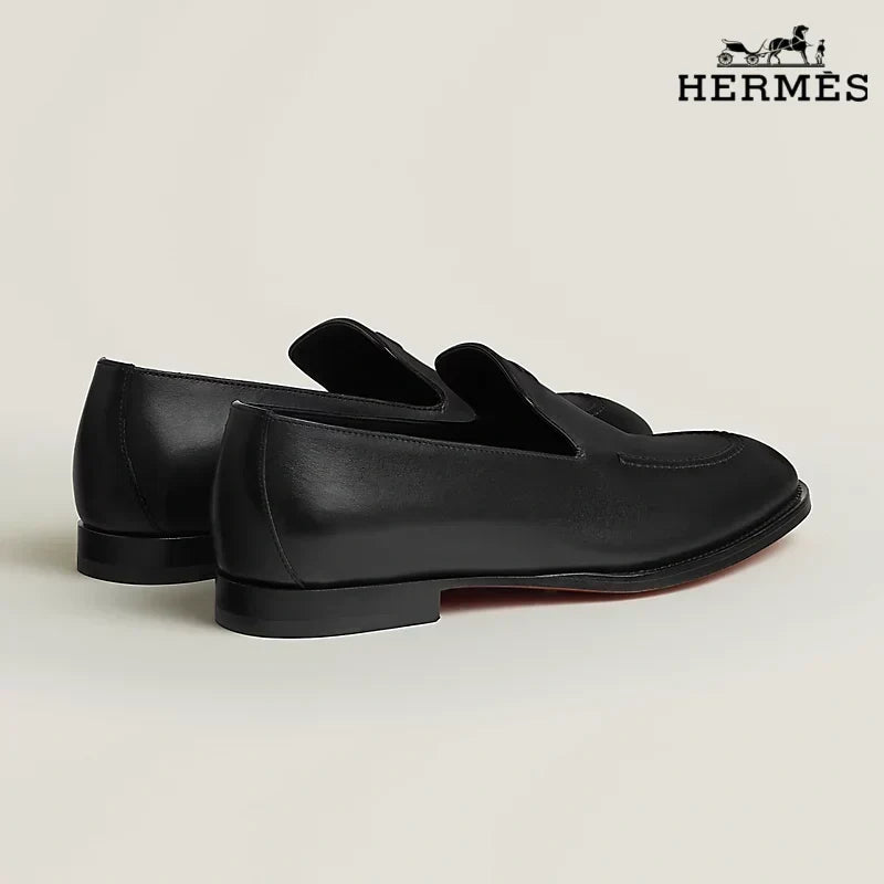 Hermès Black Smooth Leather Loafer with Embossed Logo