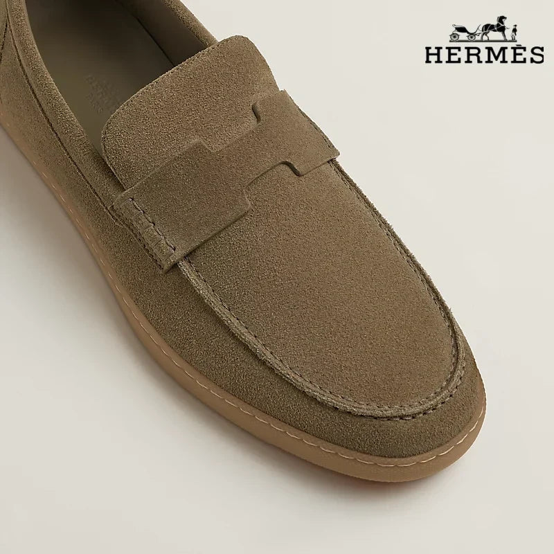 Hermès Khaki Suede Loafer with Gum Sole