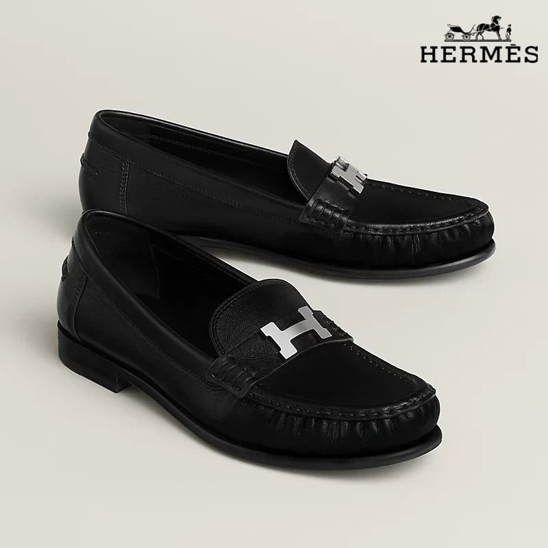 Hermès Black Leather Loafer with Silver H Buckle