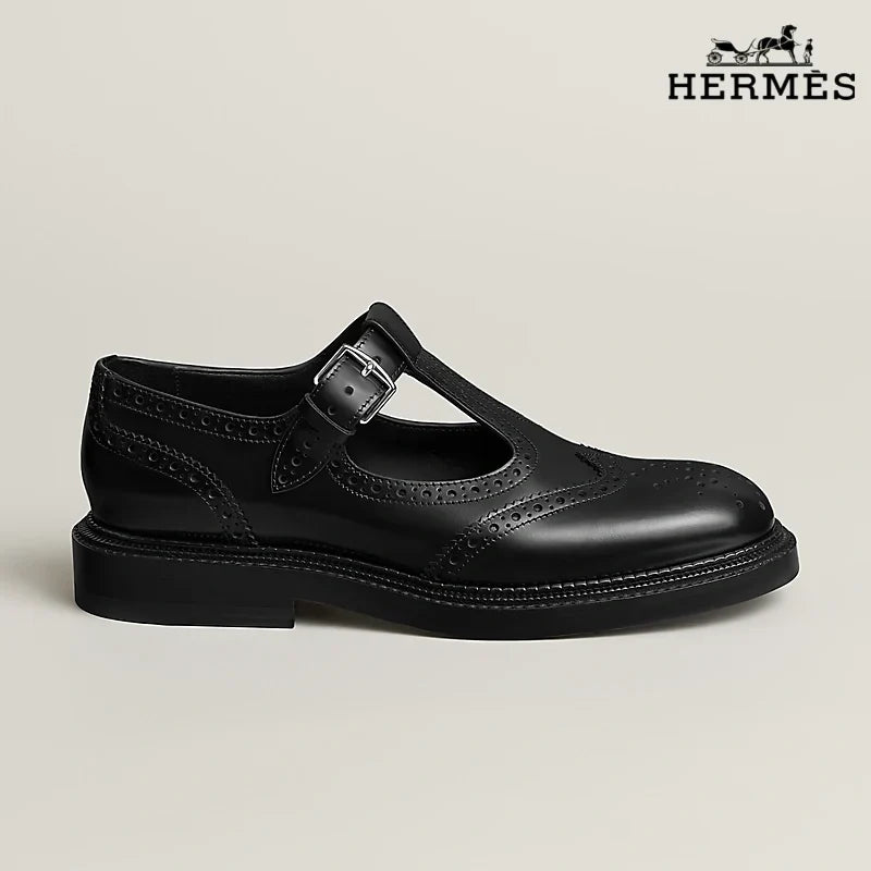 Hermès Black Leather T-Strap Brogue with Buckle