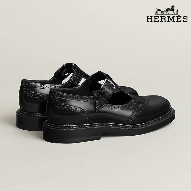 Hermès Black Leather T-Strap Brogue with Buckle