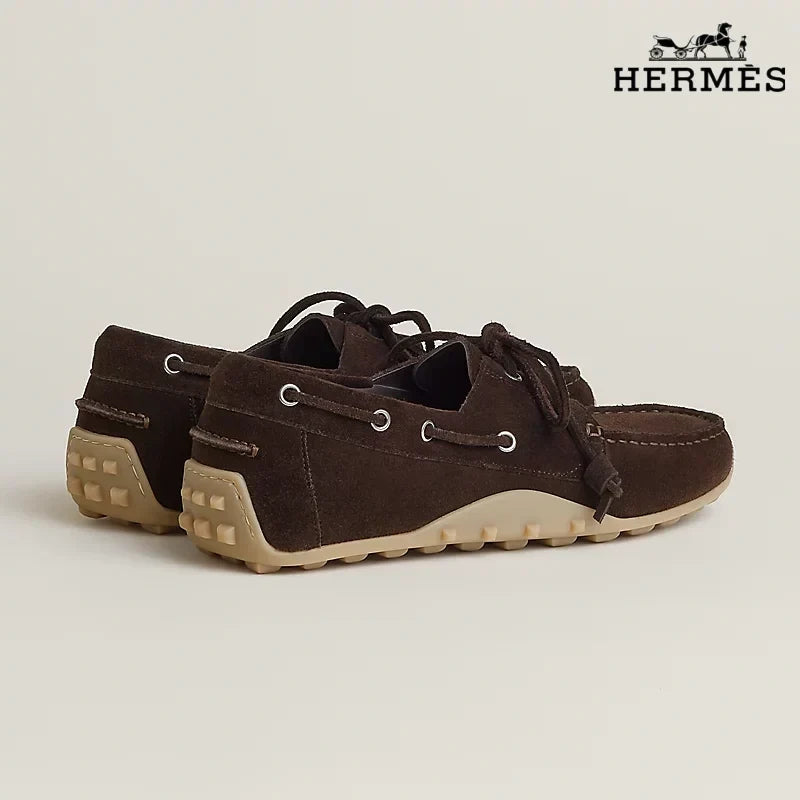Hermès Dark Brown Suede Lace-Up Driving Shoe with Gum Sole