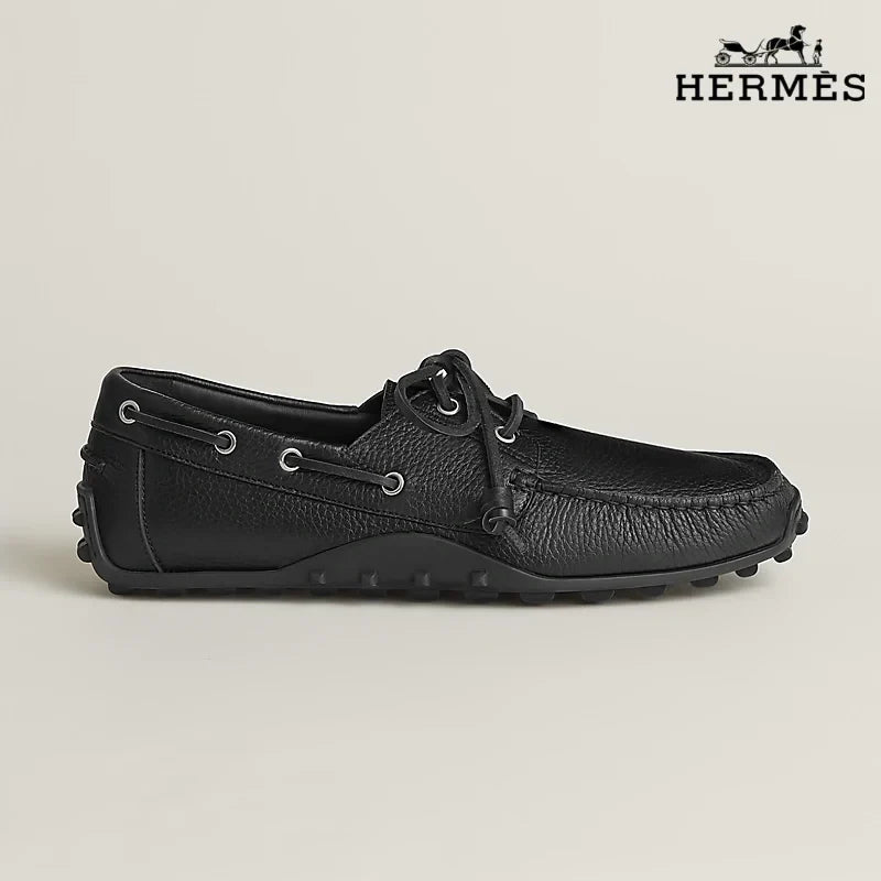 Hermès Black Grained Leather Lace-Up Driving Shoe with Studded Sole