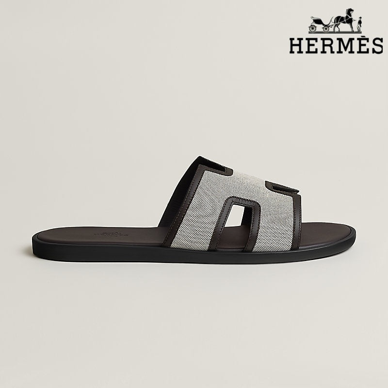 Hermès Izmir Beige Canvas Slide Sandals with Leather Trim