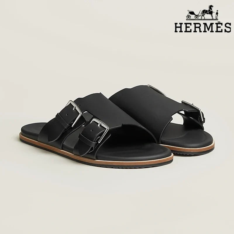 Hermès Black Smooth Leather Slide Sandals with Double Silver Buckles