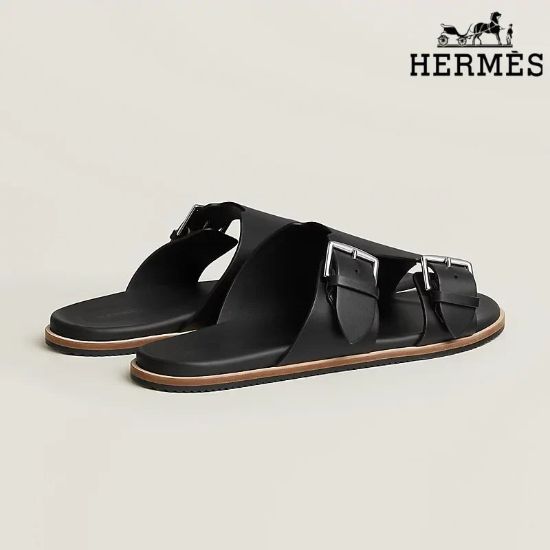 Hermès Black Smooth Leather Slide Sandals with Double Silver Buckles