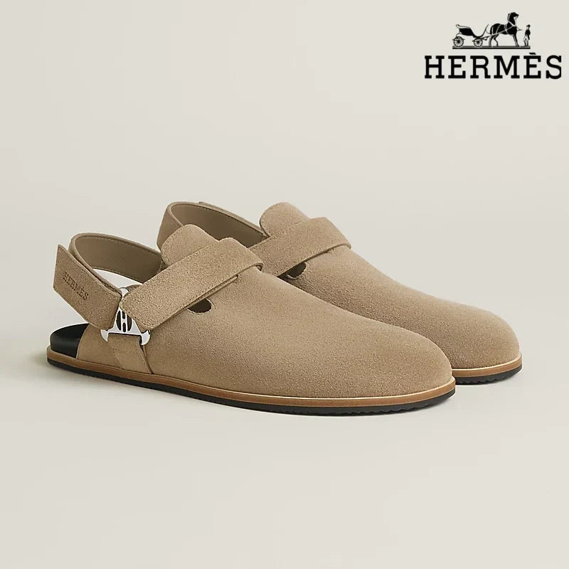 Hermès Light Khaki Suede Slingback Mules with Silver H Turnlock