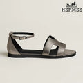 Hermès Metallic Pewter Leather Ankle Strap Sandals with H Cutout