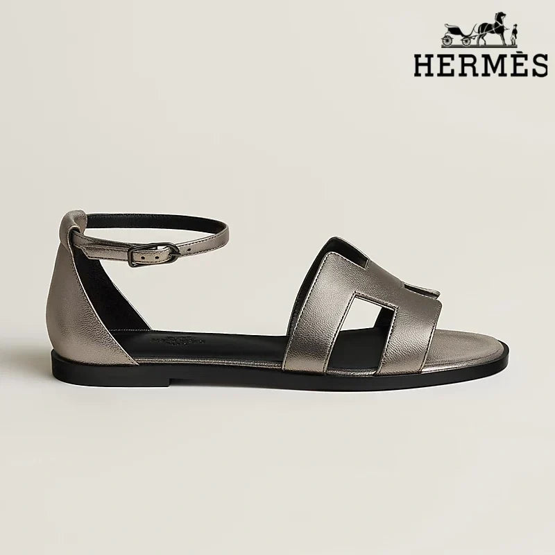 Hermès Metallic Pewter Leather Ankle Strap Sandals with H Cutout