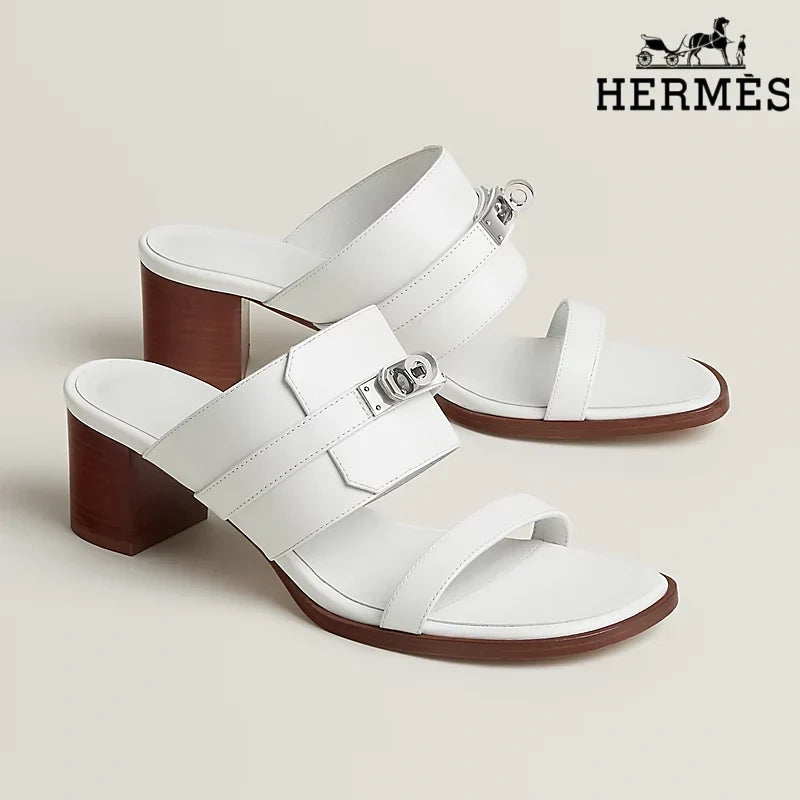 Hermès White Smooth female shoes Leather Heeled Slide Sandals with Silver Kelly Buckle