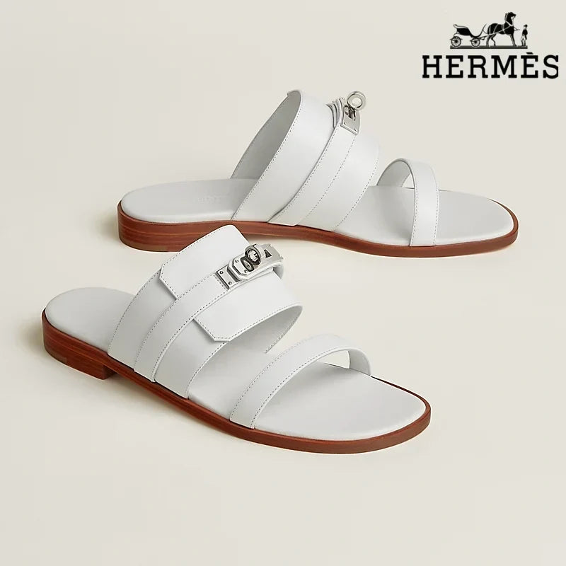 Hermès White female shoes Smooth Leather Slide Sandals with Silver Kelly Buckle