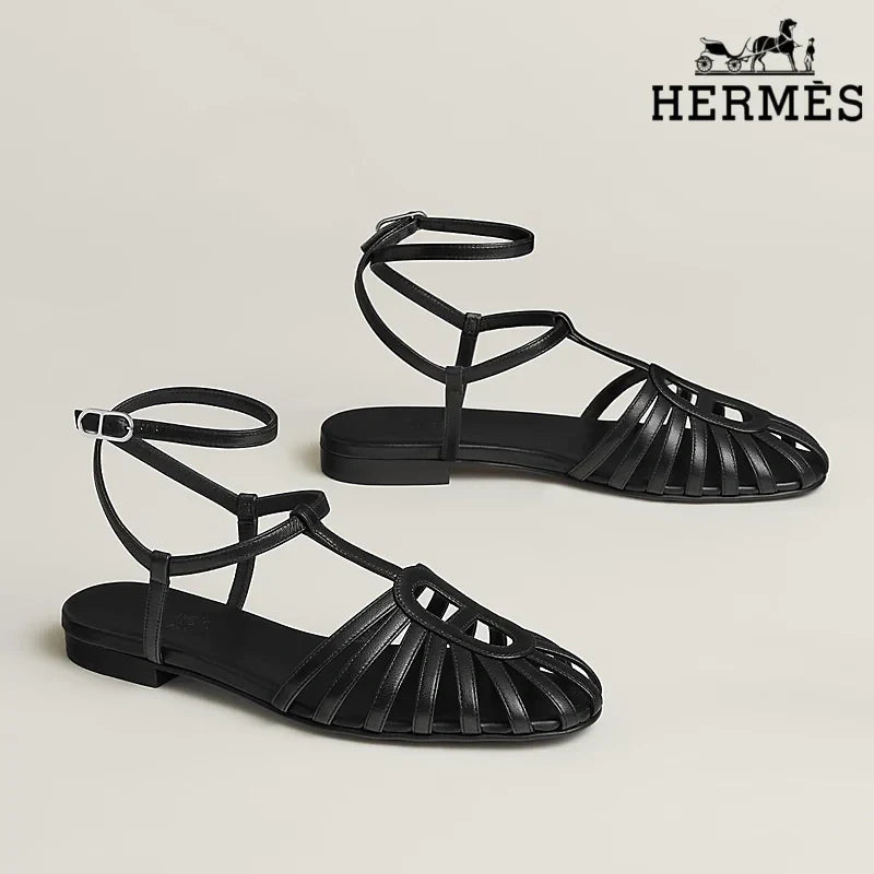 Hermès Black Leather Ankle Strap Cage Sandals