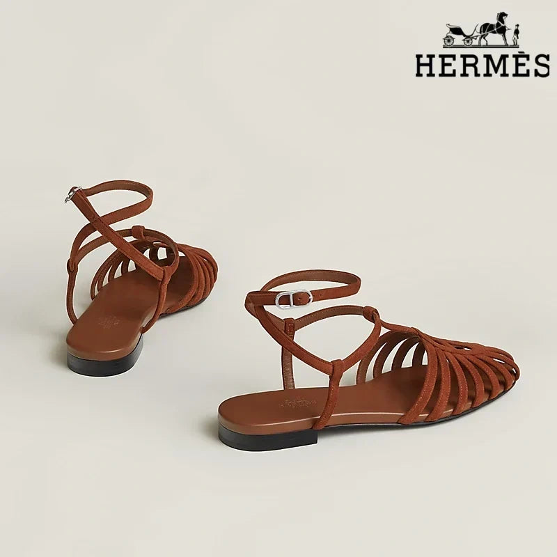 Hermès Cognac Brown Suede Ankle Strap Cage Sandals