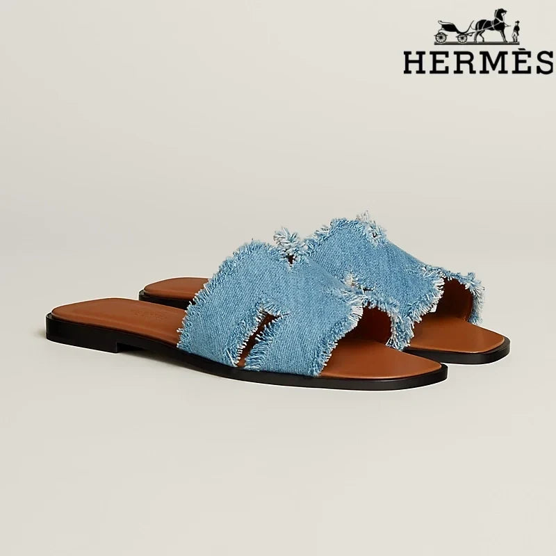 Hermès Oran Blue Denim Fringe Slide Sandals